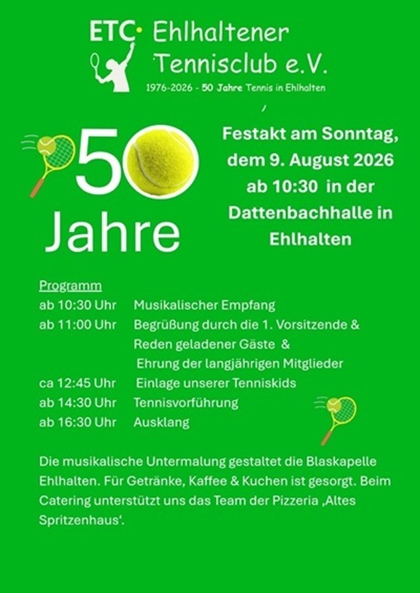 50 Jahre Tennis in Ehlhalten - Festakt am 09.08.2026